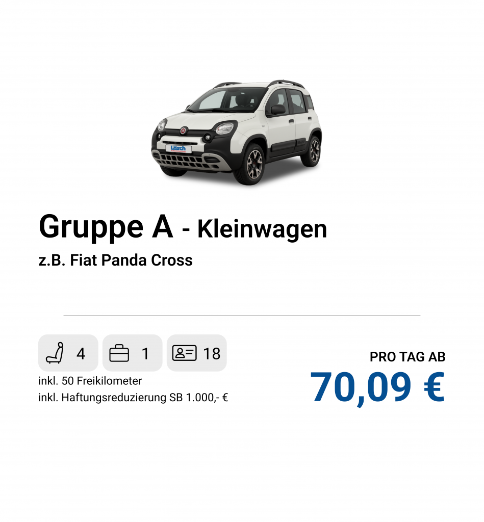 Wendiger Kleinwagen für die Stadt mit erhöhter Sitzposition, z.B. Fiat Panda Cross.