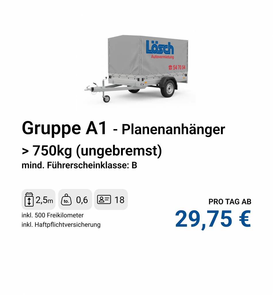 Leichter Planenanhänger mit 750 kg zulässiger Gesamtmasse.
