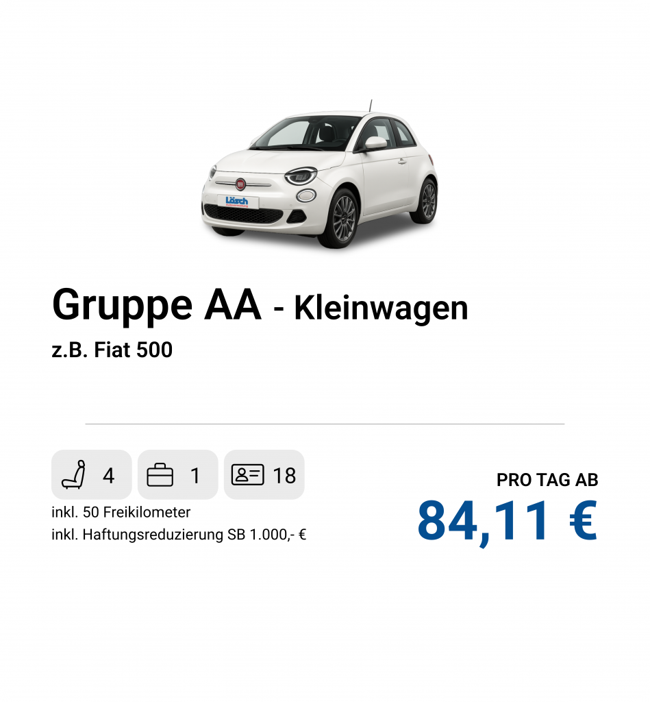 Stylischer Kleinwagen mit Panoramadach, z.B. Fiat 500 für Fahrten bei schönem Wetter.