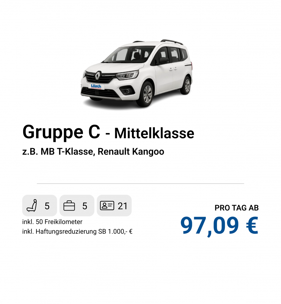Geräumige Mittelklasse Vans für Familien und viel Gepäck, z.B. Renault Kangoo oder MB T-Klasse.