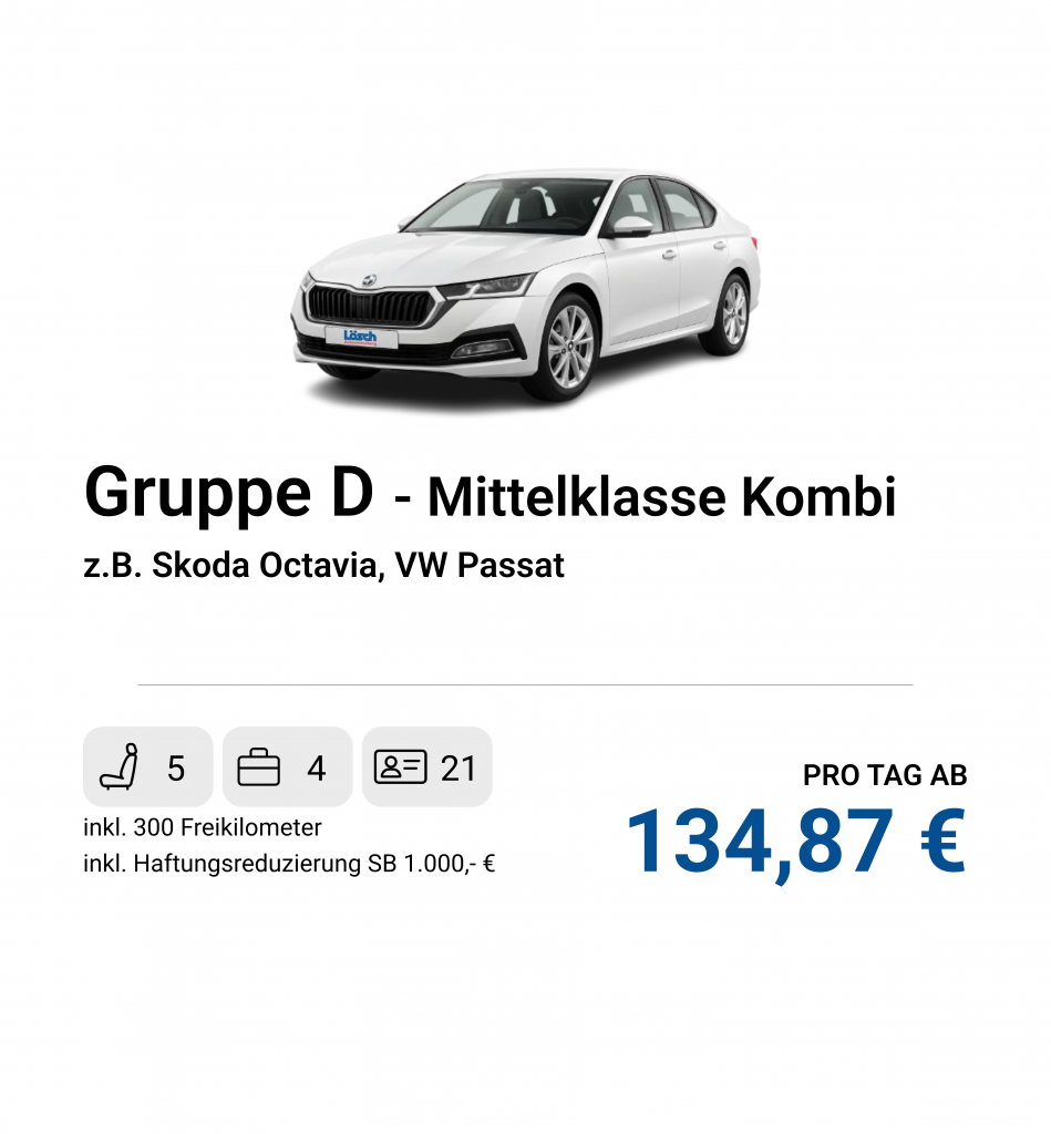Komfortabler Mittelklasse Kombi mit großem Kofferraum, z.B. Skoda Octavia oder VW Passat.