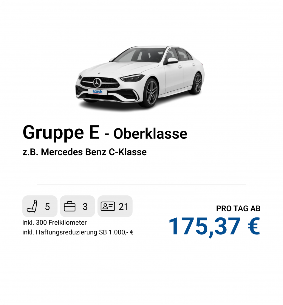 Luxuriöse Oberklasse Limousine, z.B. MB C-Klasse, für höchsten Fahrkomfort.