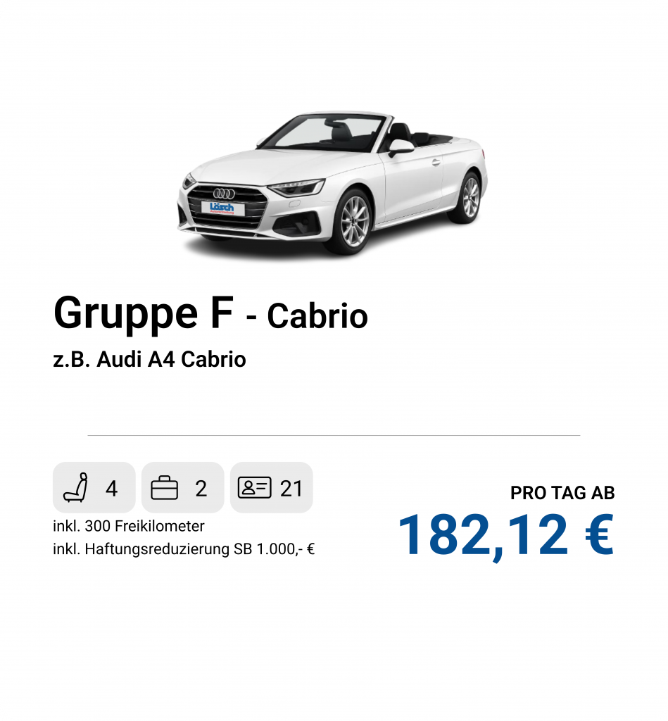 Elegantes Cabrio mit offenem Verdeck, z.B. Audi A4, für Freizeit und Ausflüge.