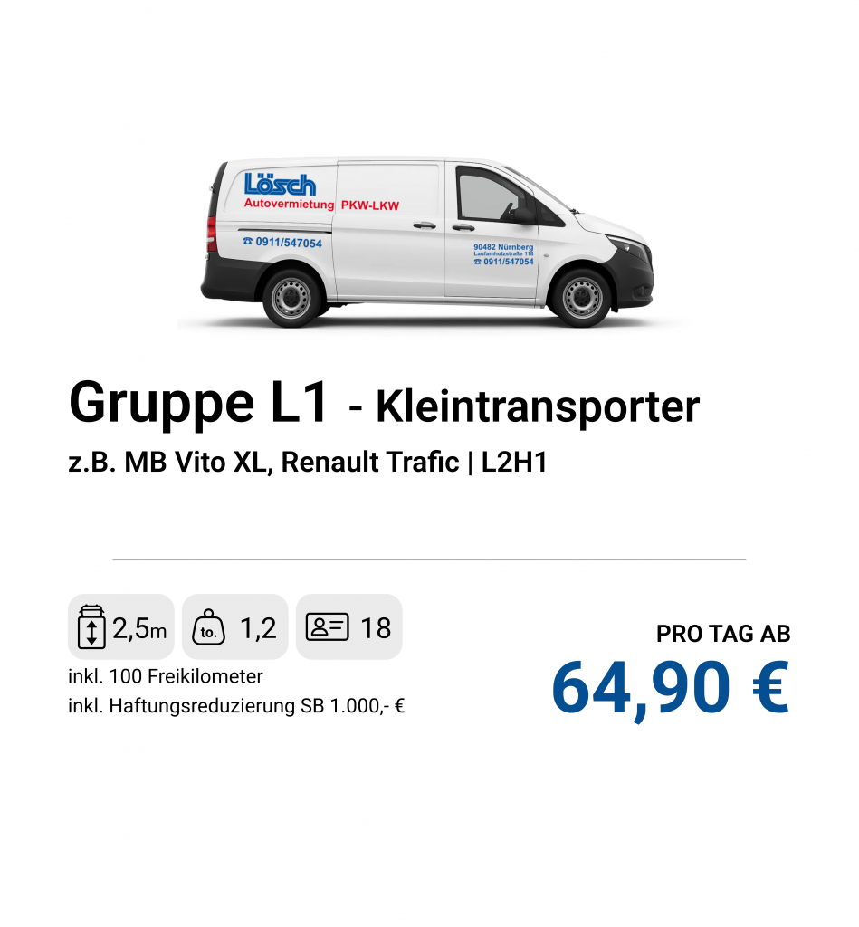 Kompakter Kleintransporter mit 2,5m Ladelänge, z.B. MB Vito XL oder Renault Trafic.