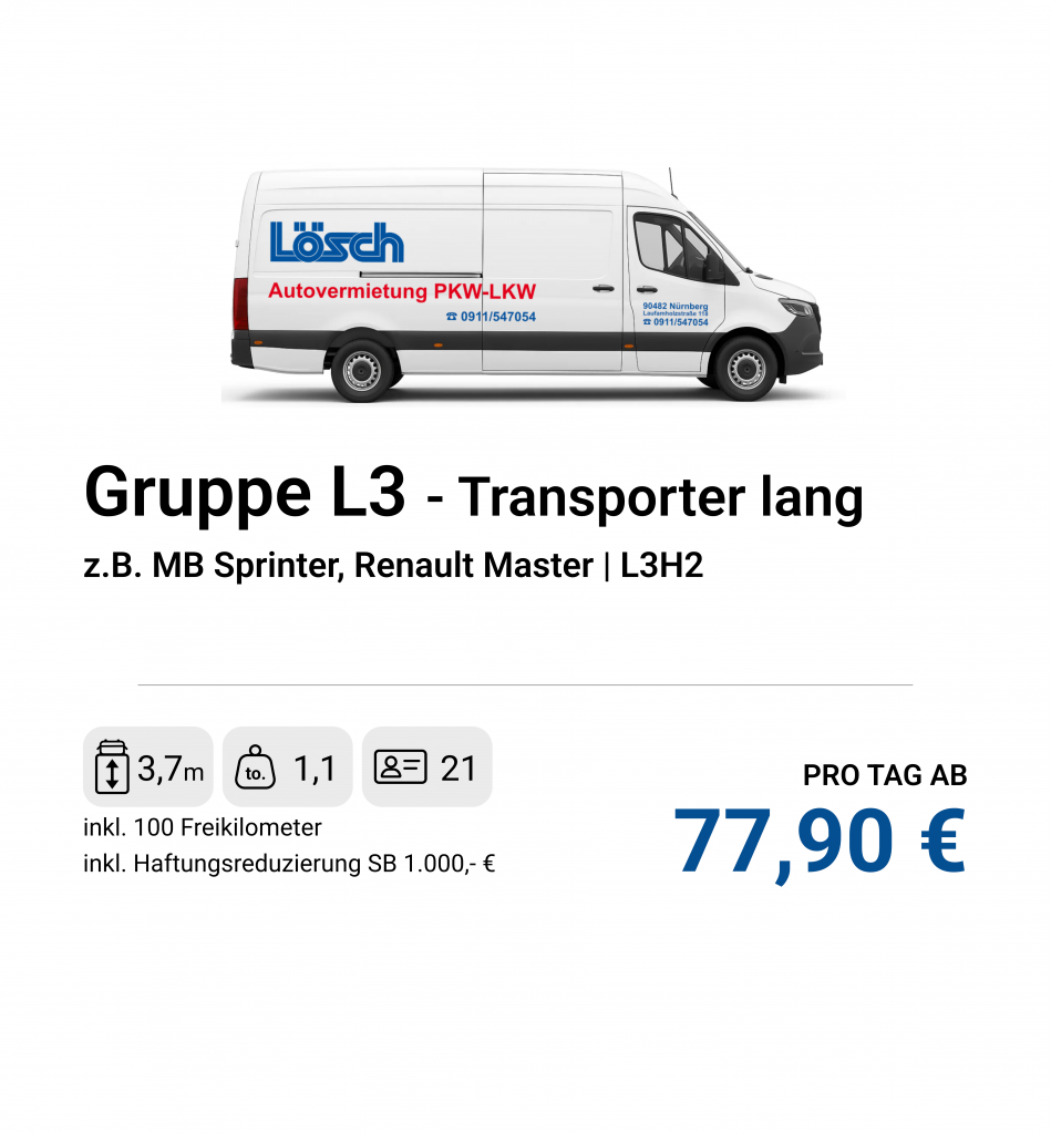 Großer Transporter mit 3,7m Ladelänge und Hochdach, z.B. MB Sprinter oder Renault Master (L3H2).