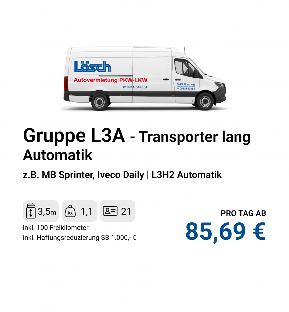 Großer Transporter mit 3,7m Ladelänge und Hochdach, z.B. MB Sprinter oder Renault Master (L3H2) mit Automatikgetriebe.