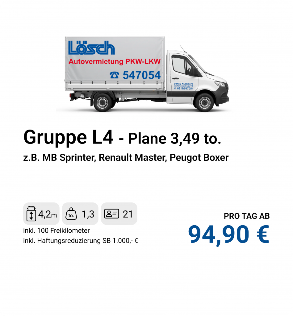 LKW bis 3,5 Tonnen mit Planenaufbau, z.B. MB Sprinter oder Renault Master.