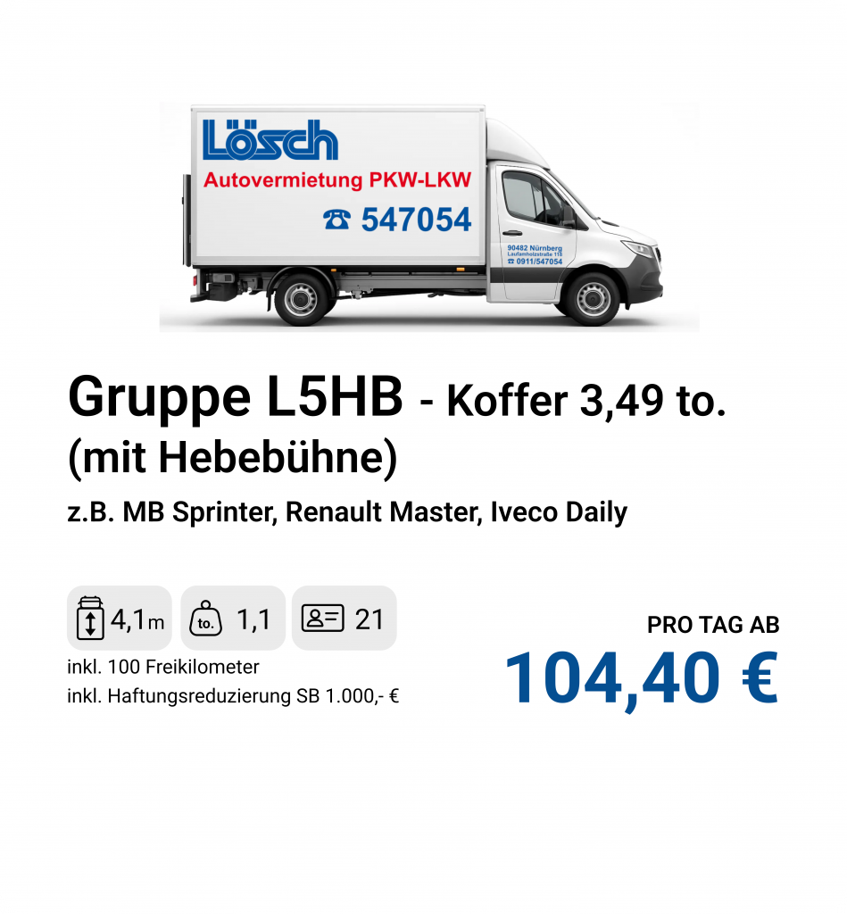 LKW Kofferfahrzeug bis 3,5 Tonnen mit festem Aufbau und Hebebühne, z.B. MB Sprinter.
