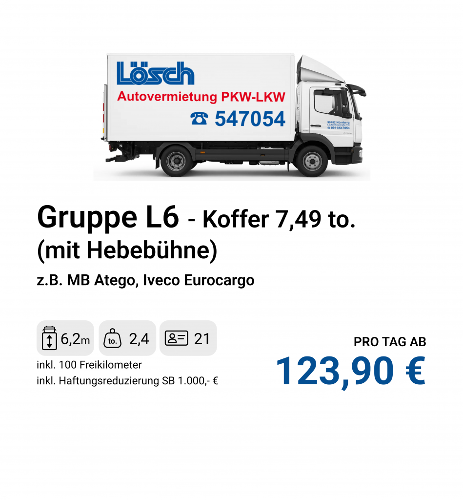 Mittelschwerer LKW bis 7,49 Tonnen mit Kofferaufbau, z.B. MB Atego oder Iveco Eurocargo.