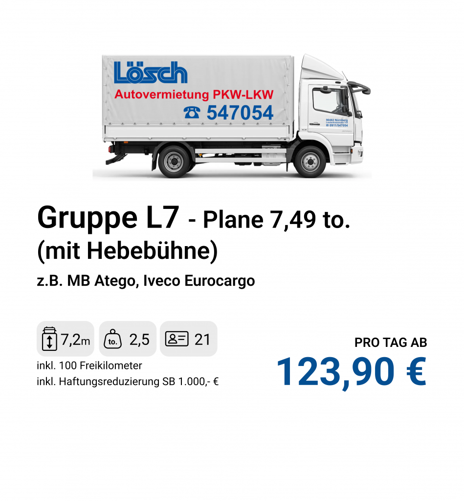 Mittelschwerer LKW bis 7,49 Tonnen mit Planenaufbau und großer Nutzlast.