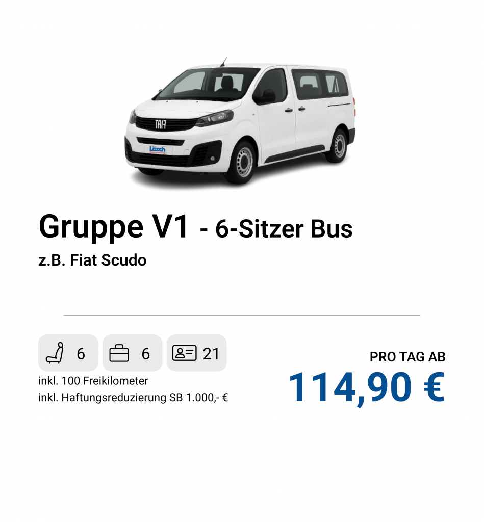Kompakter Bus mit sechs Sitzplätzen und viel Gepäckraum, z.B. Fiat Scudo.