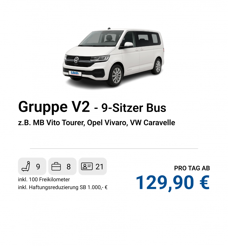 Großraum Bus mit neun Sitzplätzen für maximalen Personentransport, z.B. MB Vito Tourer, Opel Vivaro oder VW Caravelle.